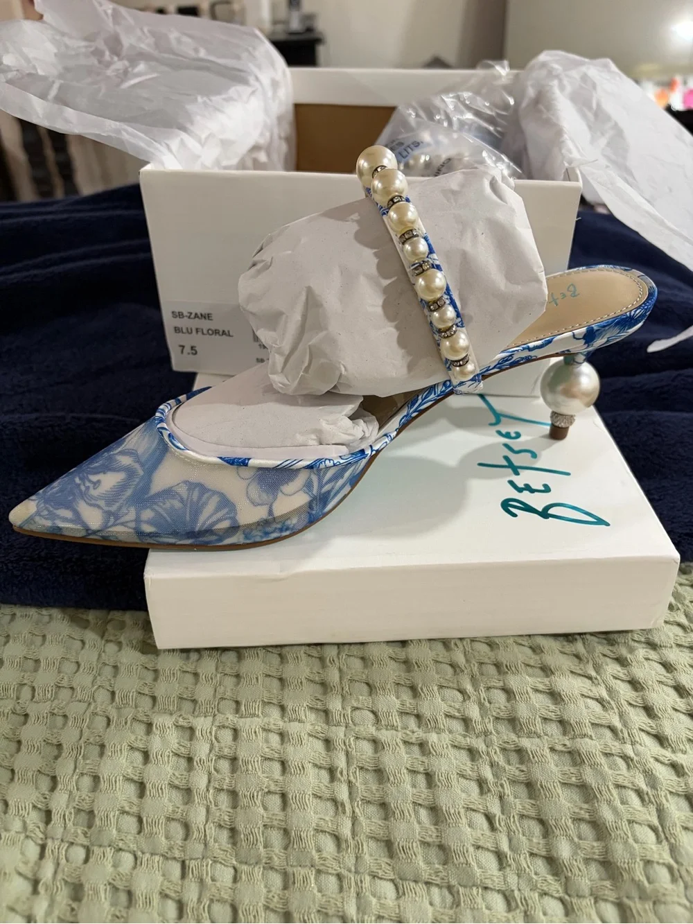 Betsey Johnson Blue and White Floral Pearl-Accented Heels